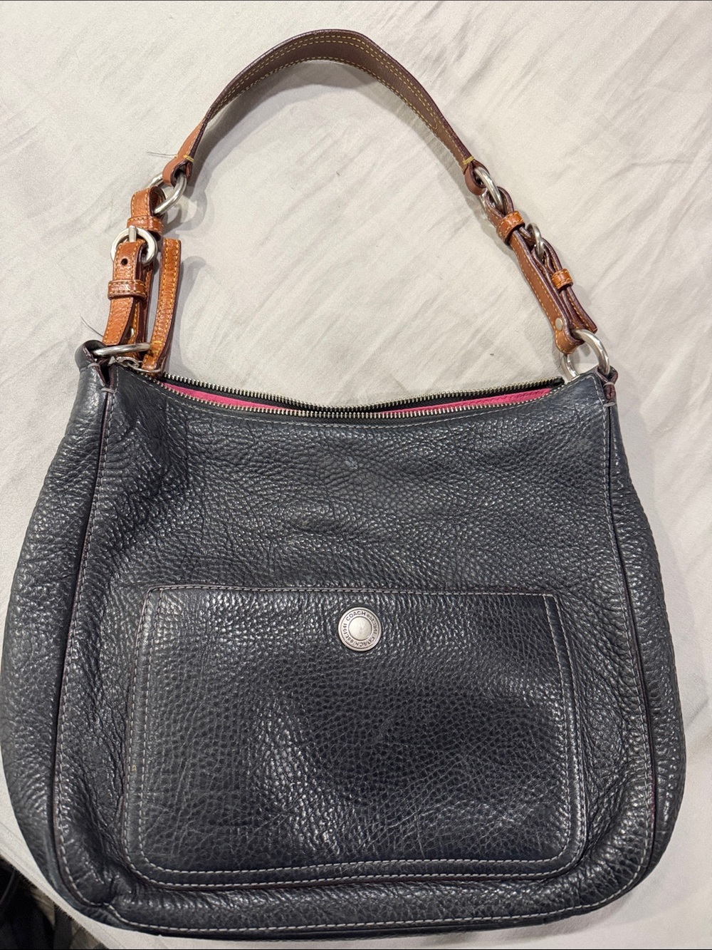 Coach Black Pebbled Leather Shoulder Bag with Brown Strap and Pink Trim